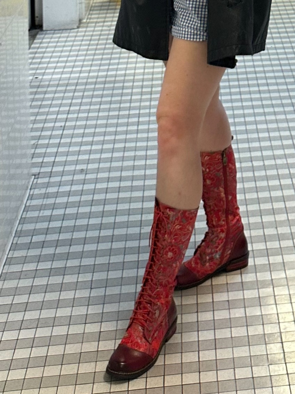 Brocade Lace Up, Knee High Red Boots